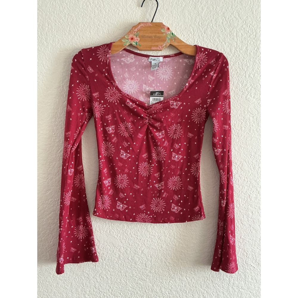 Rue21 Long Sleeve Top XS Burgundy Celestial Sun Butterfly Sweetheart Bell Sleeve